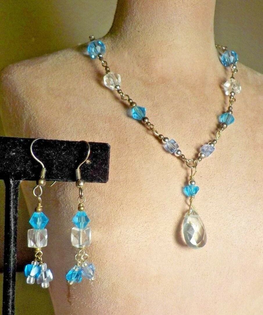 Sterling Silver 925 Su Signed Clear & Blue Faceted Stone Necklace & Earrings Set