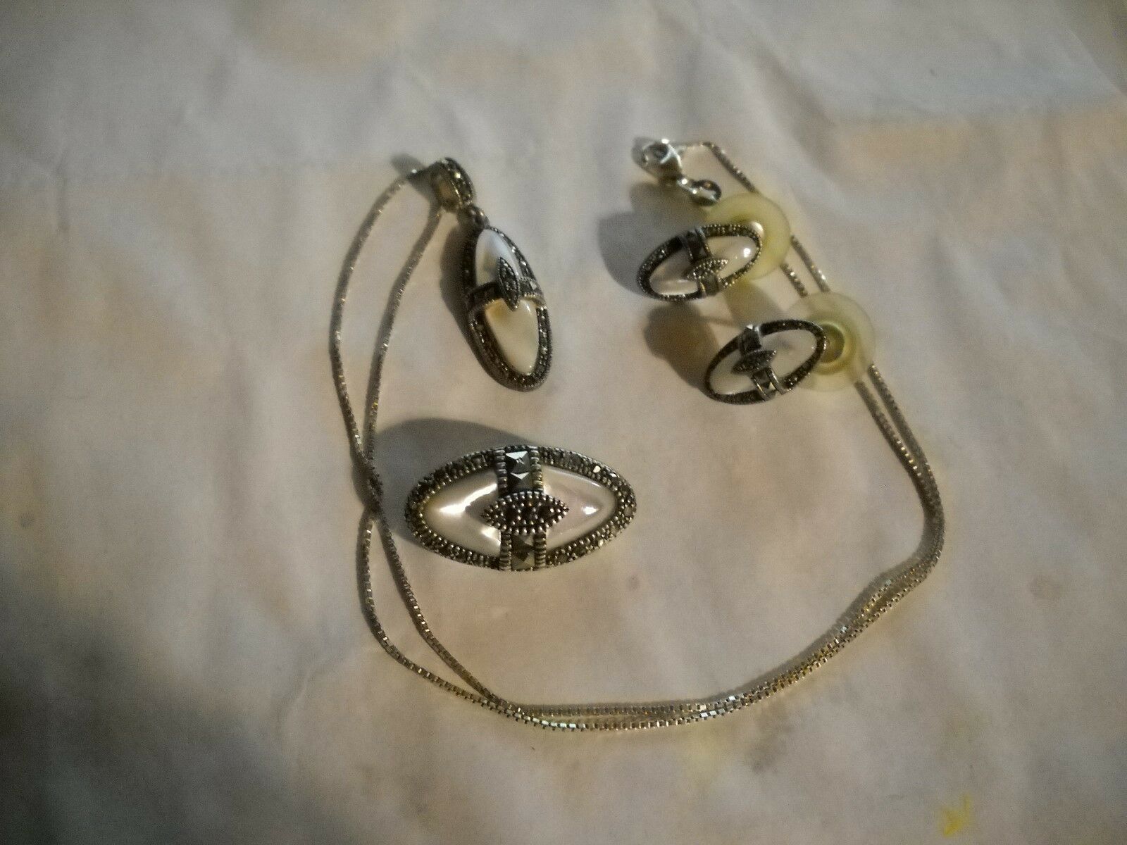 ~sterling Silver Mop/marcasite Necklace/pin/earrings Set~