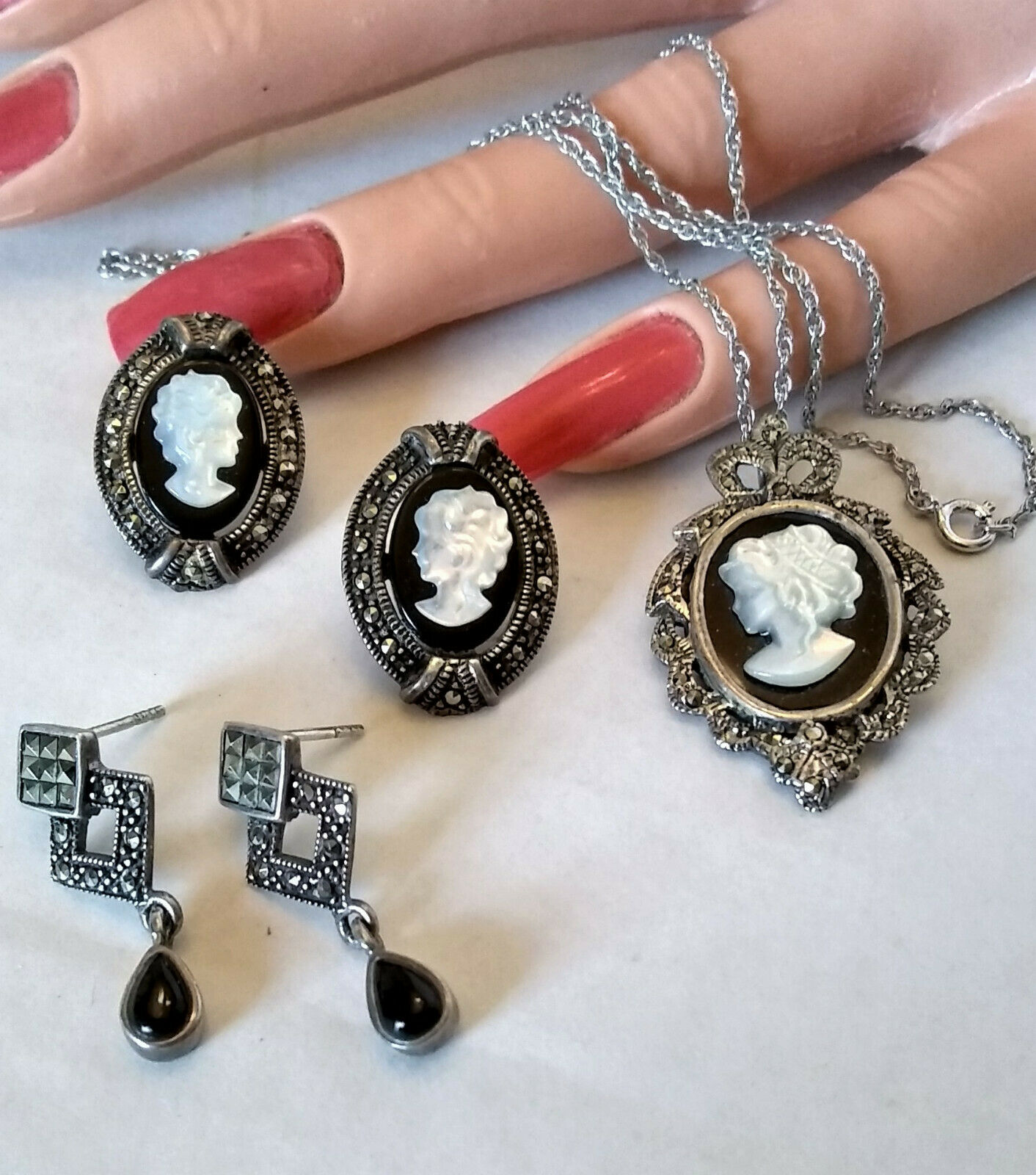 Sterling 925 Mop, Onyx, Marcasite Cameo Necklace Set W/ 2nd Pair Earrings, Vguc