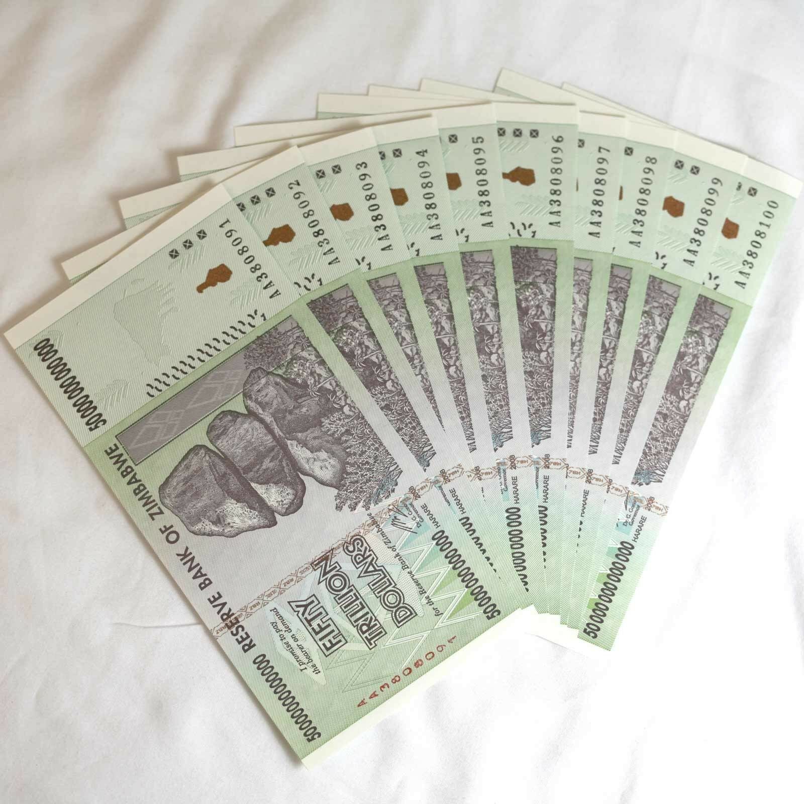 10 X 50 Trillion Zimbabwe Currency 2008 Aa Series Note Uncirculated