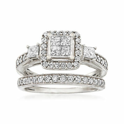 Vintage Diamond Bridal Set: Engagement & Wedding Rings In 10kt White Gold Size 6