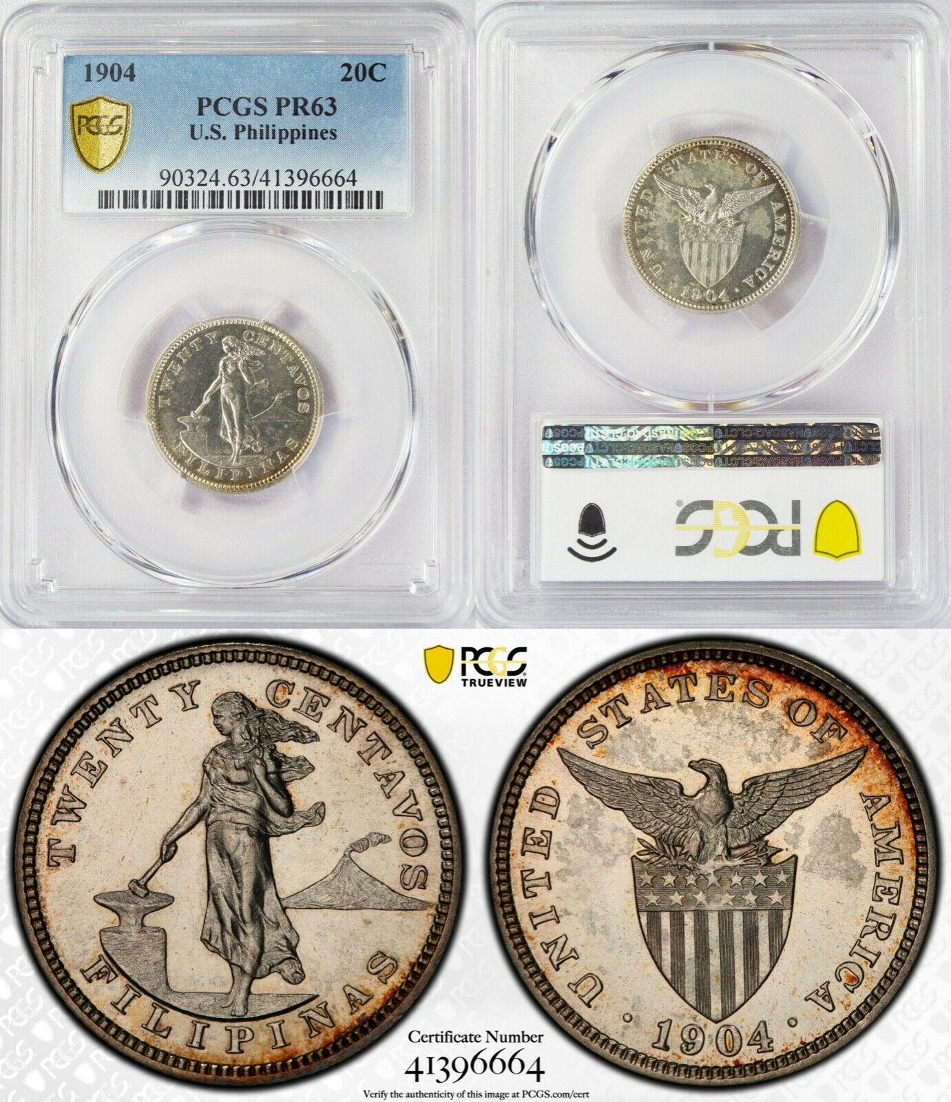 1904 Us/philippines 20 Centavos Proof ~ Pcgs Pr63 ~ 90% Silver ~ A#10.03 ~ 664