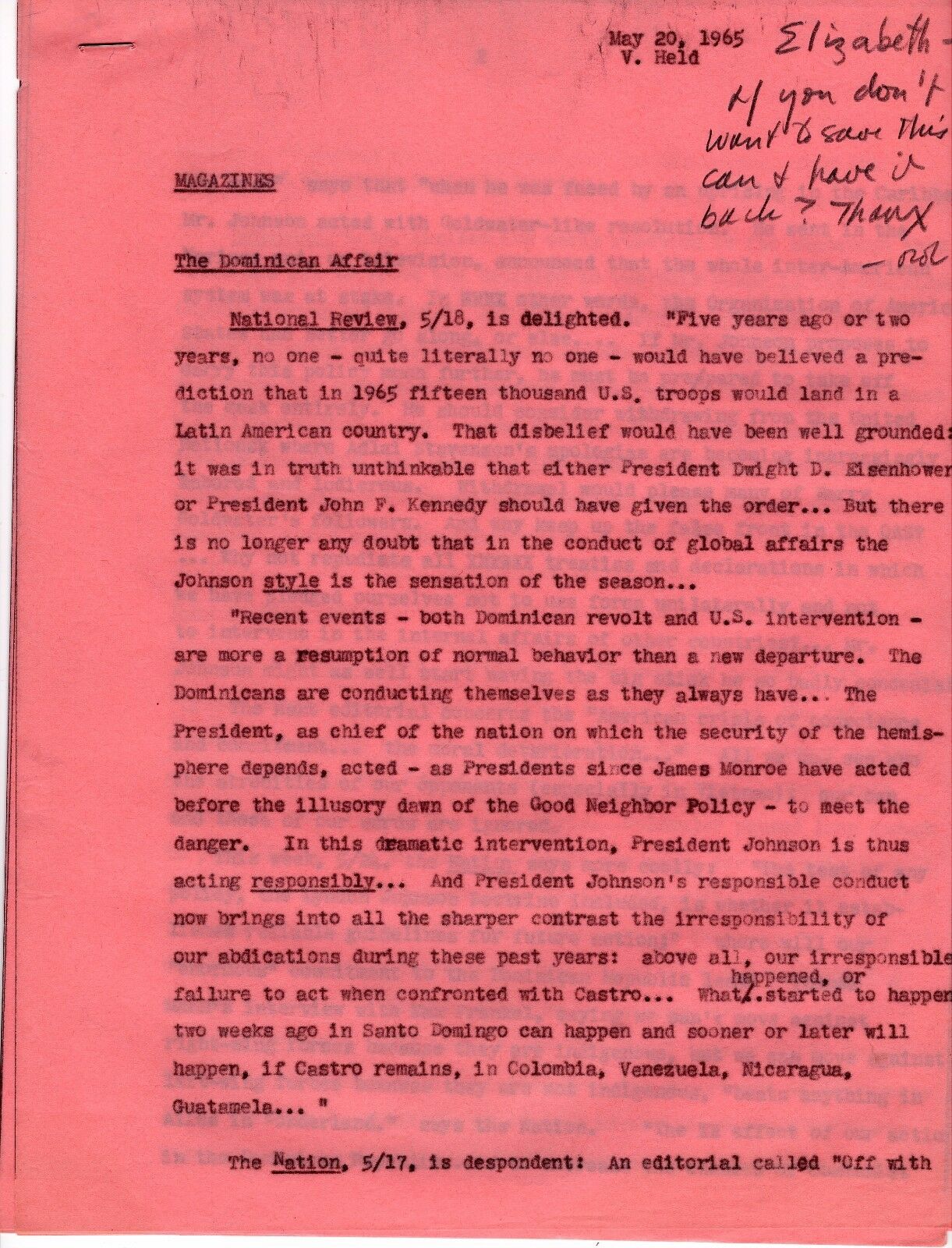 Virginia Held Original Hand Typed Manuscript From The Reporter Magazine 1965