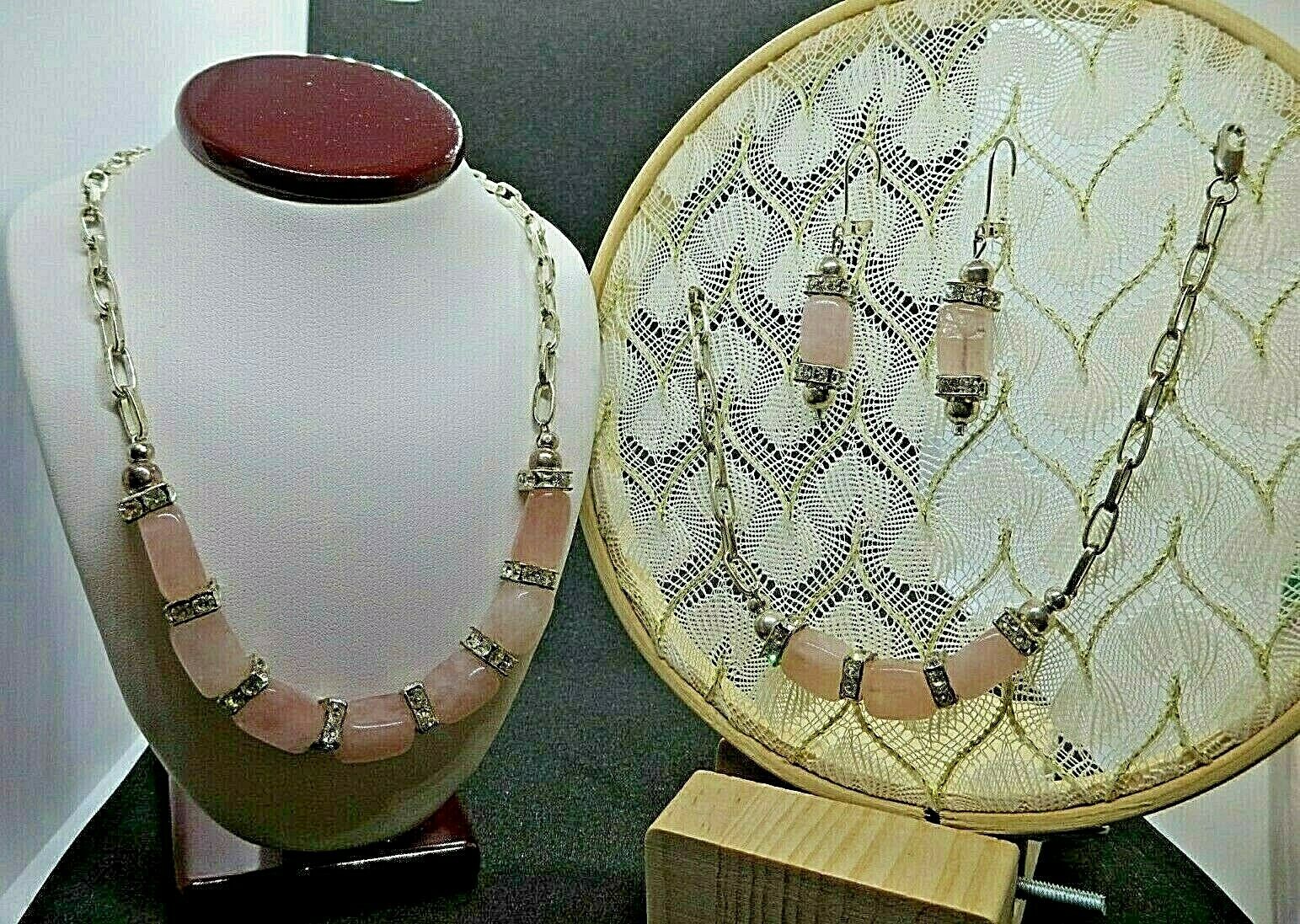 Vintage Rose Quartz Necklace, Bracelet, Earrings Set